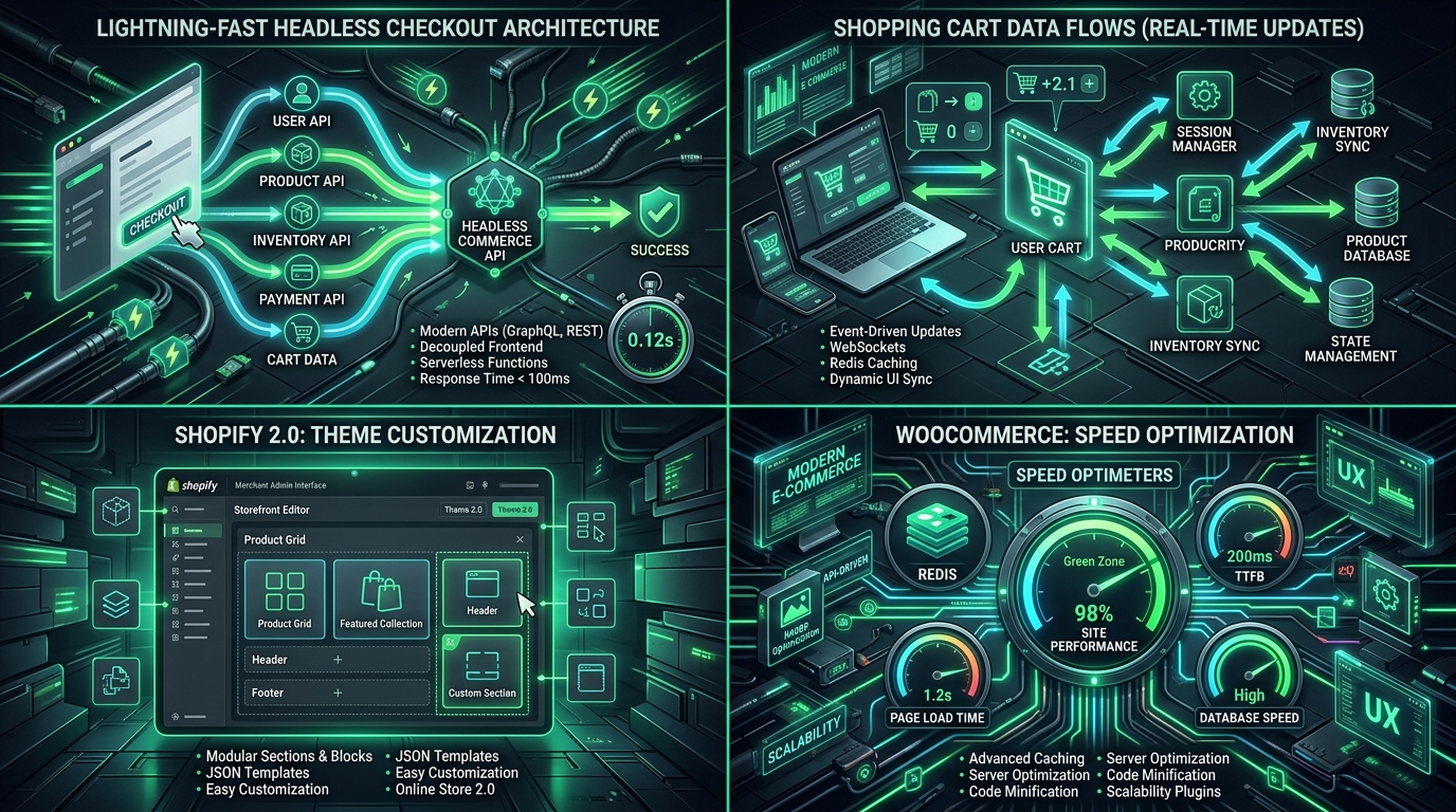 E-commerce architecture comparison between Shopify 2.0 and custom WooCommerce