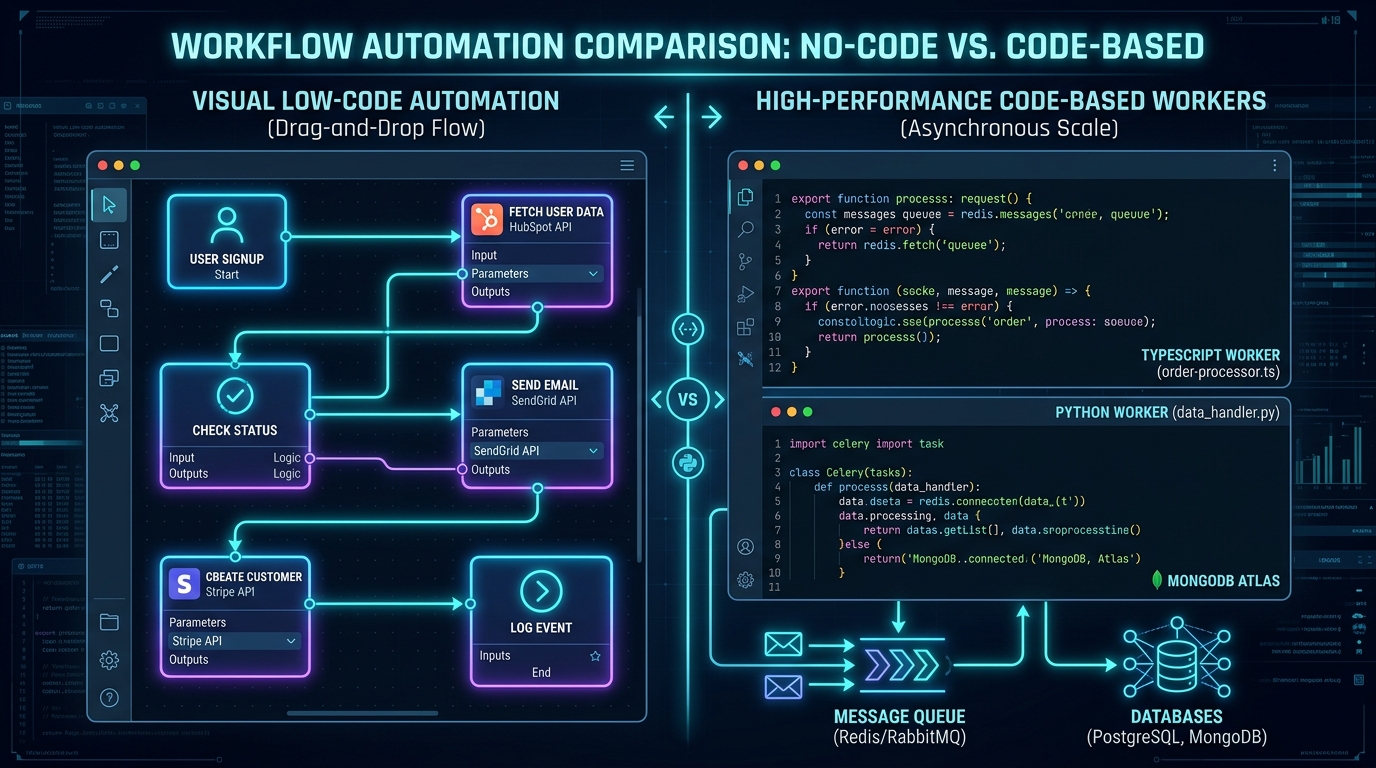 Visual low-code automation vs high-performance code-based workers