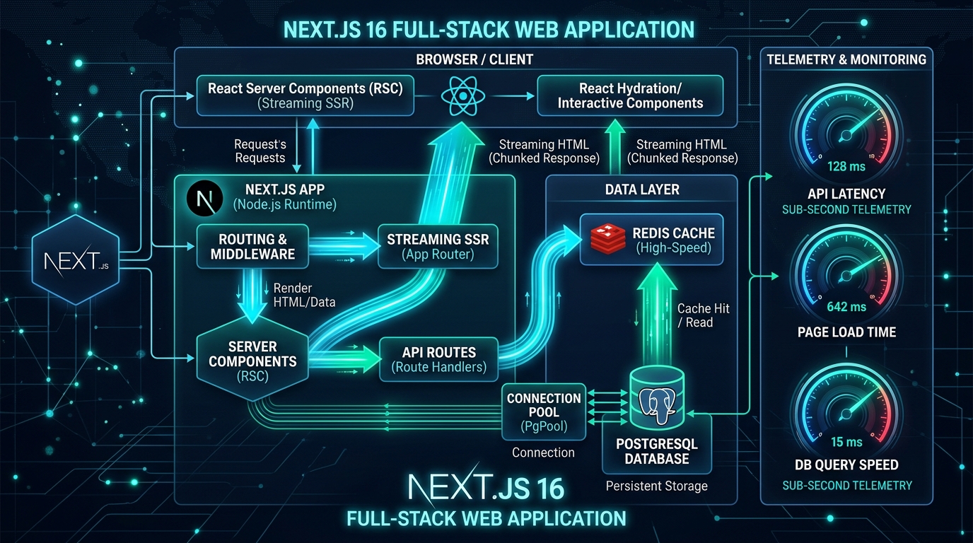 Next.js 16 full-stack web application structure with streaming SSR and database pooling